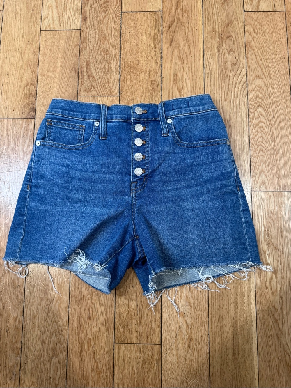 Madewell Blue Button-Fly Distressed Denim Shorts